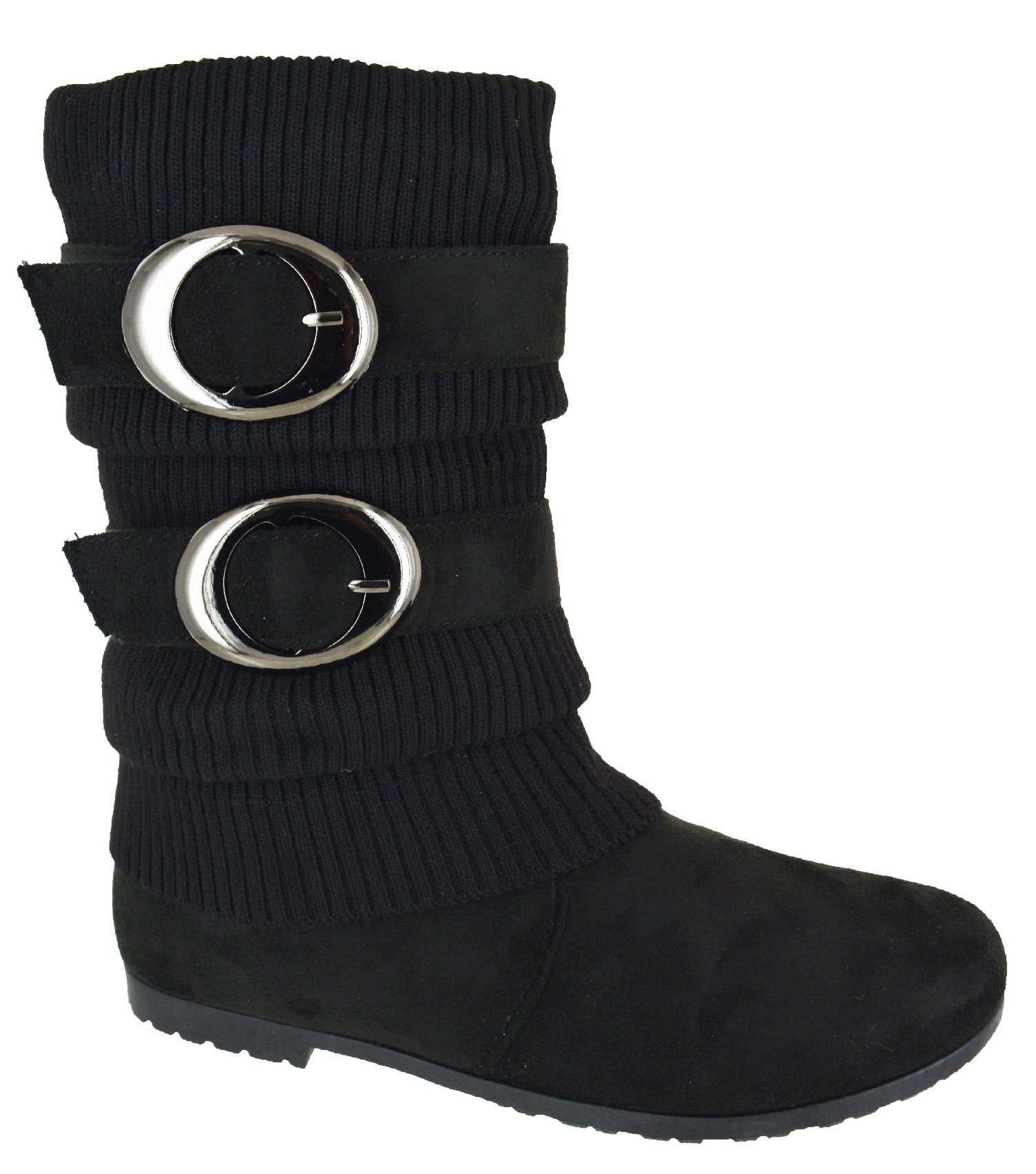LADIES FLAT LOW HEEL RIDING WOMENS MID CALF BUCKLED PIXIE FASHION BOOTS 